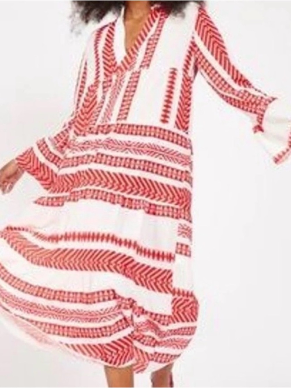 Silk & Salt Red and White Printed V-Neck Midi Dress
